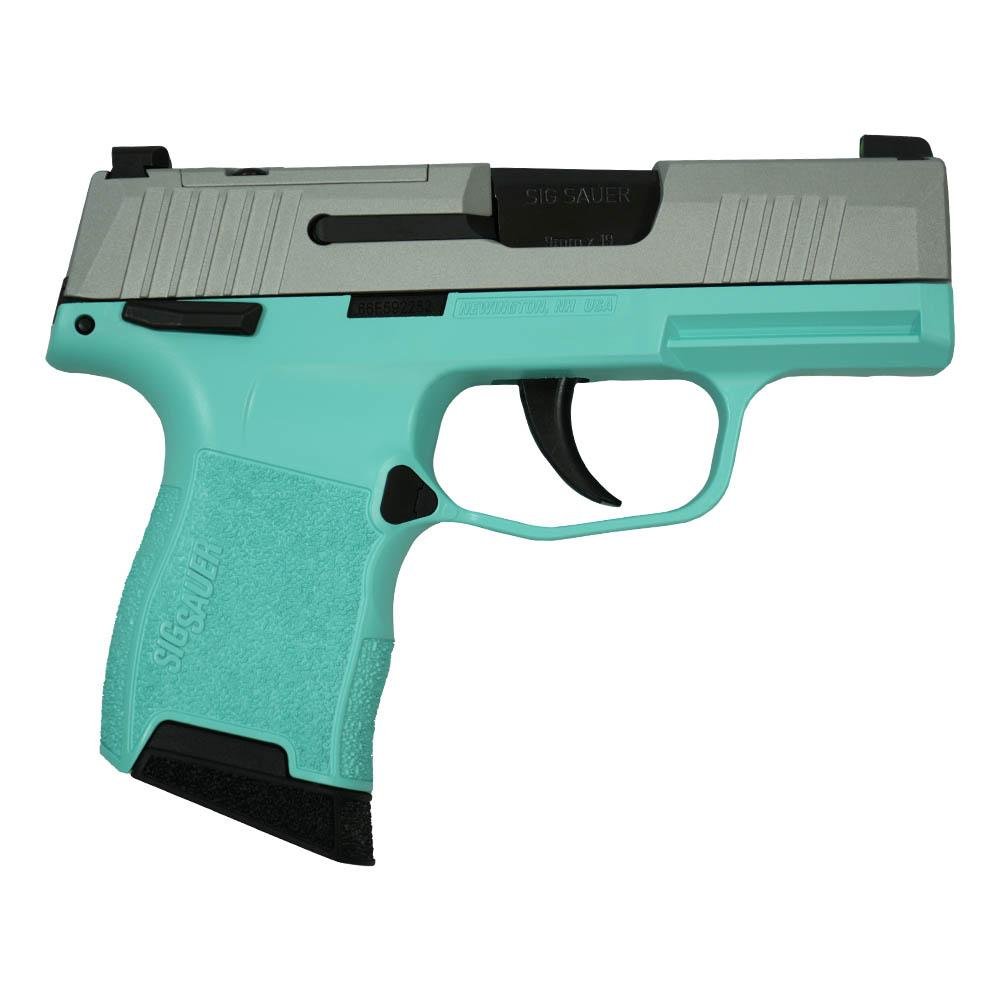 Sig-Sauer-"Silver-Slide/Tiffany-Frame"P365-Optic-Ready-Handgun-9mm-Luger-10rd-Magazines(2)-3.1"-Barrel-X-RAY-3-Sights-Manuel-Safety